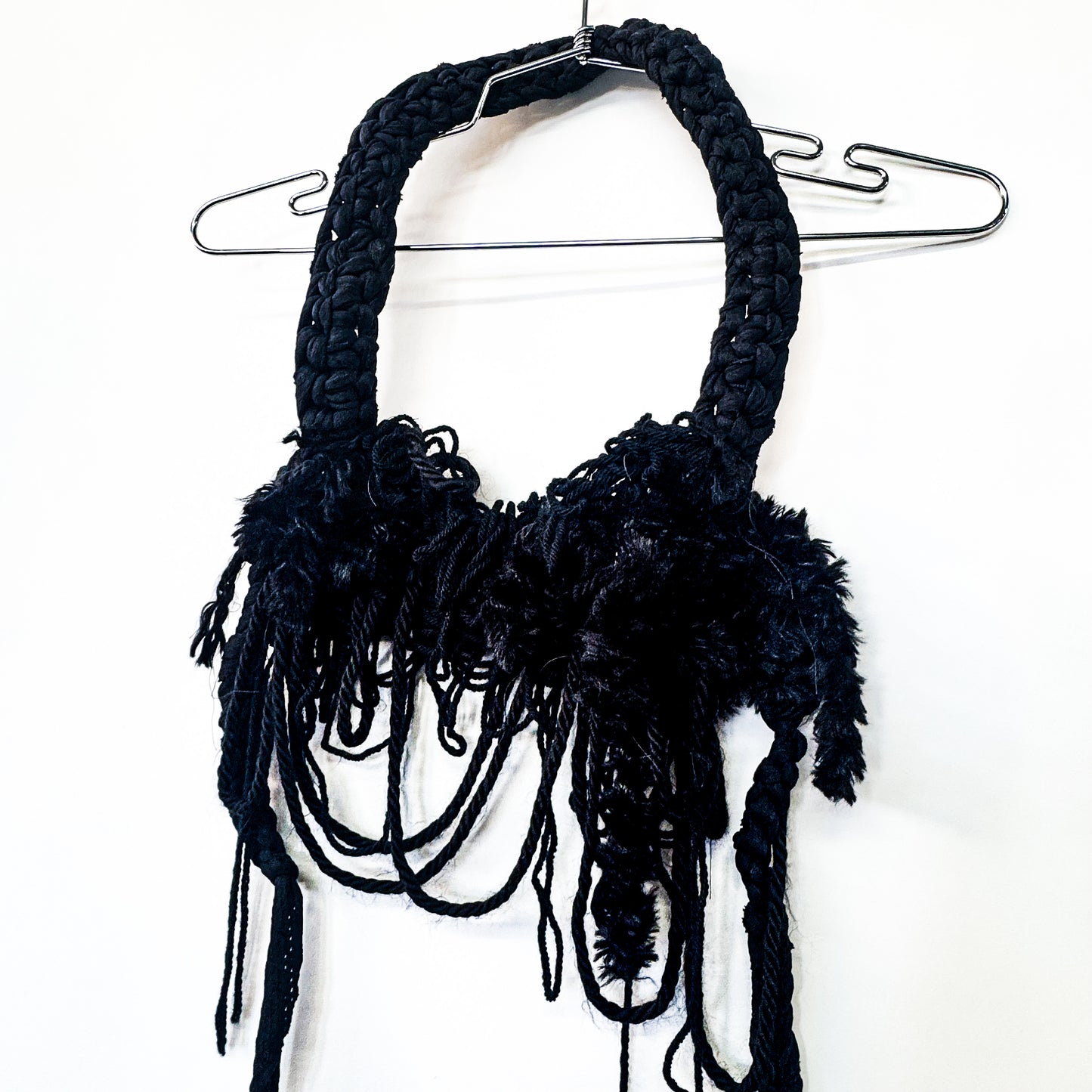BLACK DISTRESSED CORDED HALTER BRA TOP