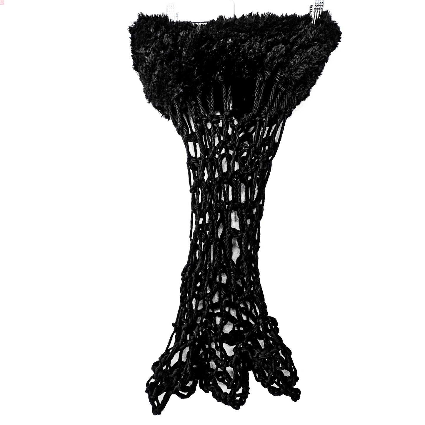 BLACK CORDED STRAPLESS FUR TRIM DRESS 1/1