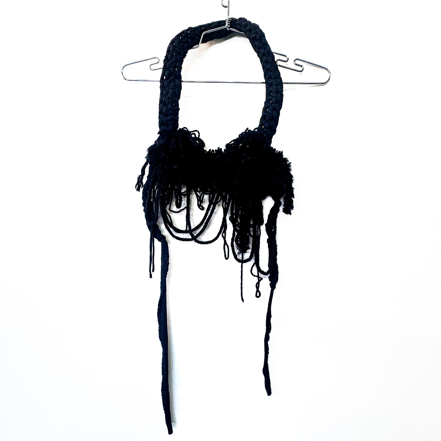 BLACK DISTRESSED CORDED HALTER BRA TOP