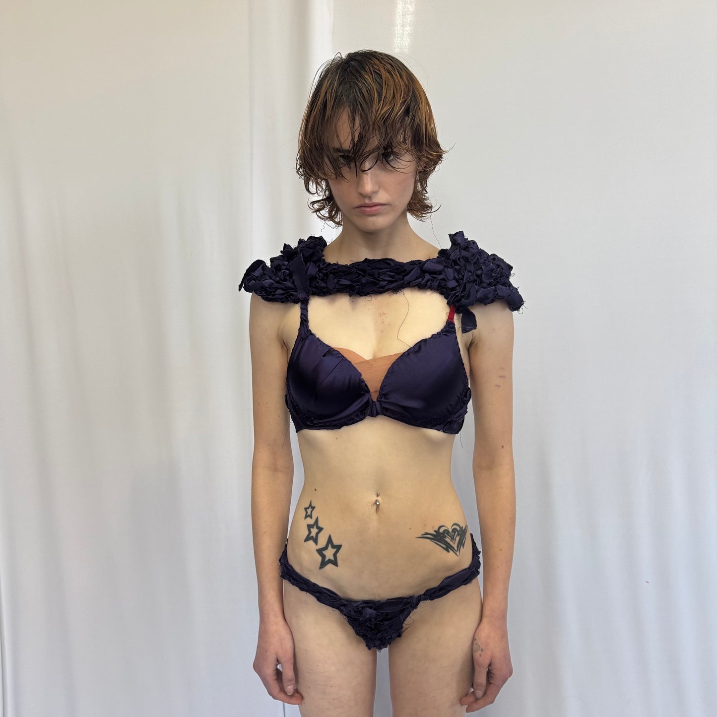 PURPLE SATIN BRA/BOTTOM/LEGWARMER 3 PIECE SET 1/1