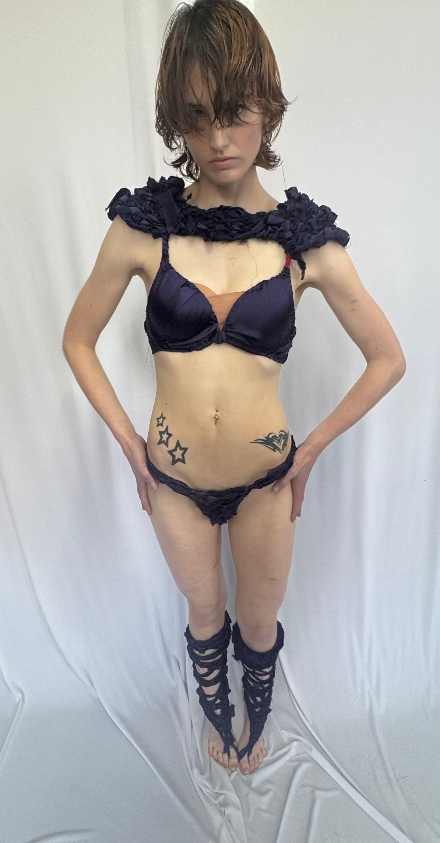 PURPLE SATIN BRA/BOTTOM/LEGWARMER 3 PIECE SET 1/1