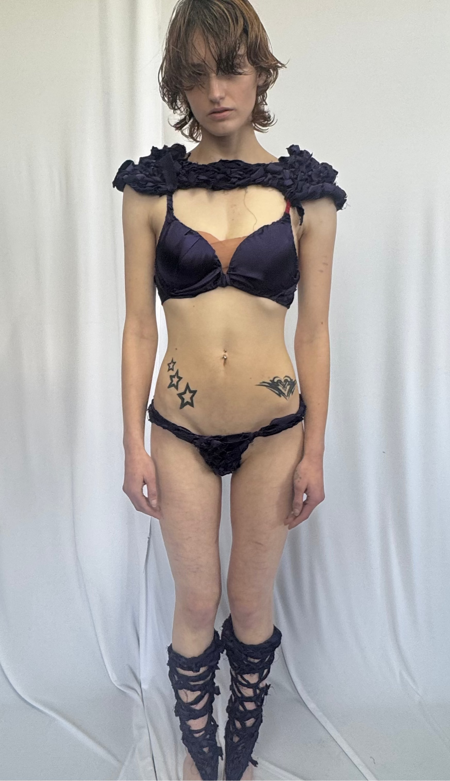 PURPLE SATIN BRA/BOTTOM/LEGWARMER 3 PIECE SET 1/1