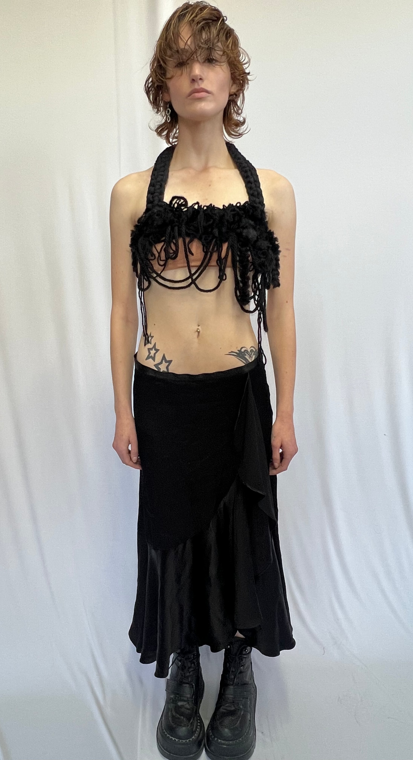 BLACK DISTRESSED CORDED HALTER BRA TOP