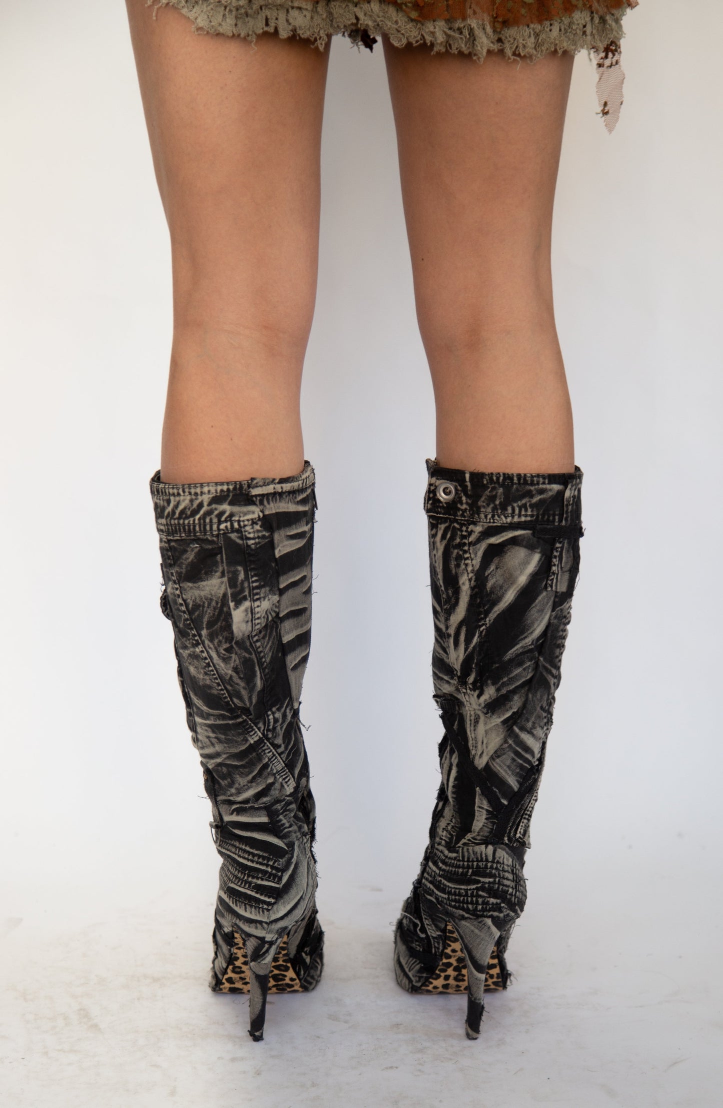 HIROKO HATA BELOW THE KNEE STILETTO ACID WASH DENIM BOOT 1/1