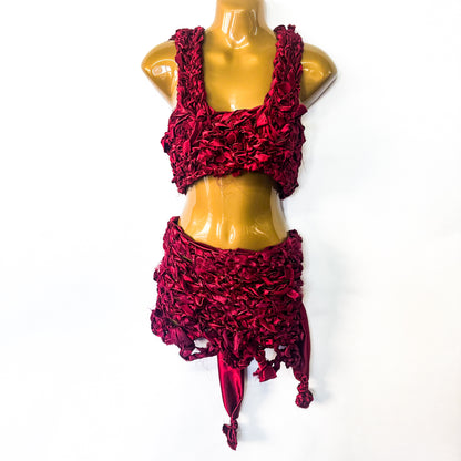 DARK RED RIBBON CROPPED TANK TOP MINI SKIRT SET 1/1