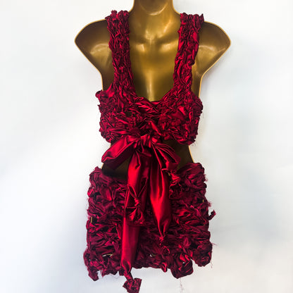DARK RED RIBBON CROPPED TANK TOP MINI SKIRT SET 1/1
