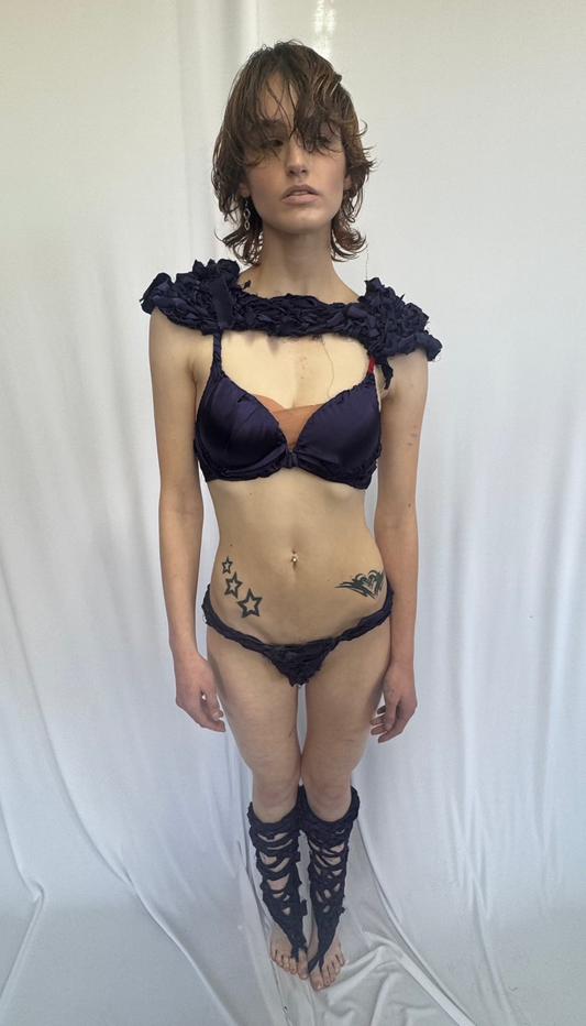 PURPLE SATIN BRA/BOTTOM/LEGWARMER 3 PIECE SET 1/1