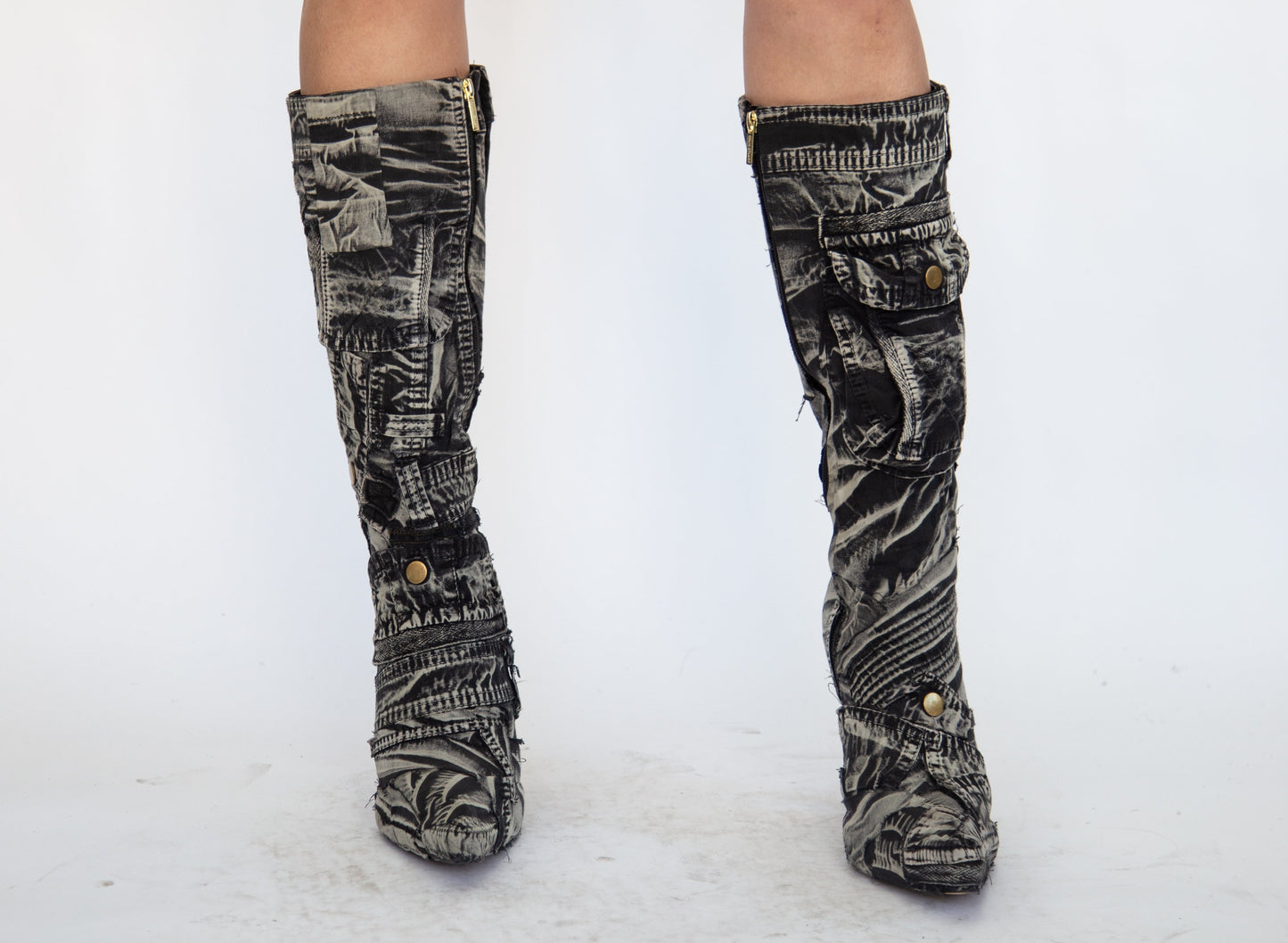 HIROKO HATA BELOW THE KNEE STILETTO ACID WASH DENIM BOOT 1/1