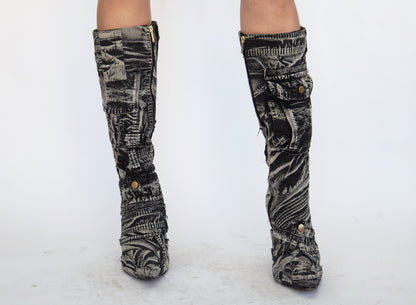 HIROKO HATA BELOW THE KNEE STILETTO ACID WASH DENIM BOOT 1/1