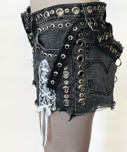 CLOUWDEZ GROMMET DARK WASH LACE UP SHORTS 1/1