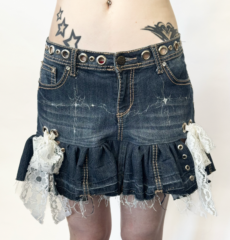 CLOUWDEZ DENIM SKIRT WITH LACE AND GROMMET DETAILS 1/1