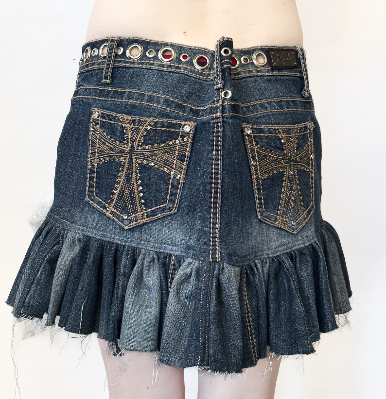 CLOUWDEZ DENIM SKIRT WITH LACE AND GROMMET DETAILS 1/1