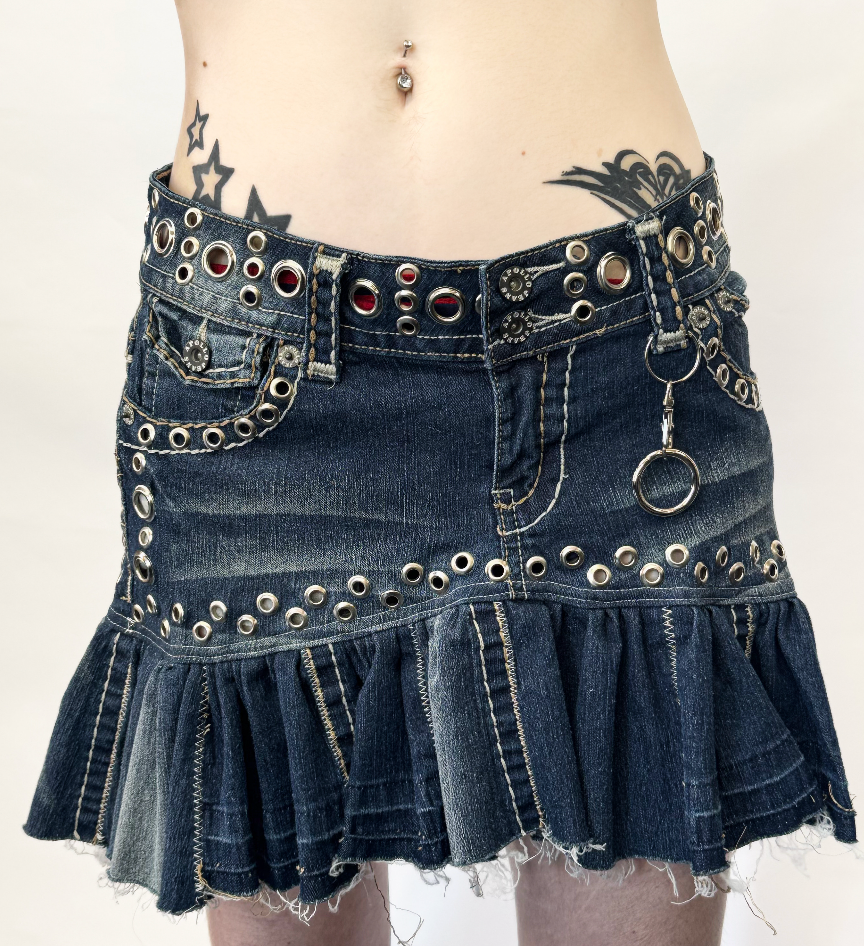 CLOUWDEZ DENIM MINI SKIRT WITH GROMMET DETAILING 1/1